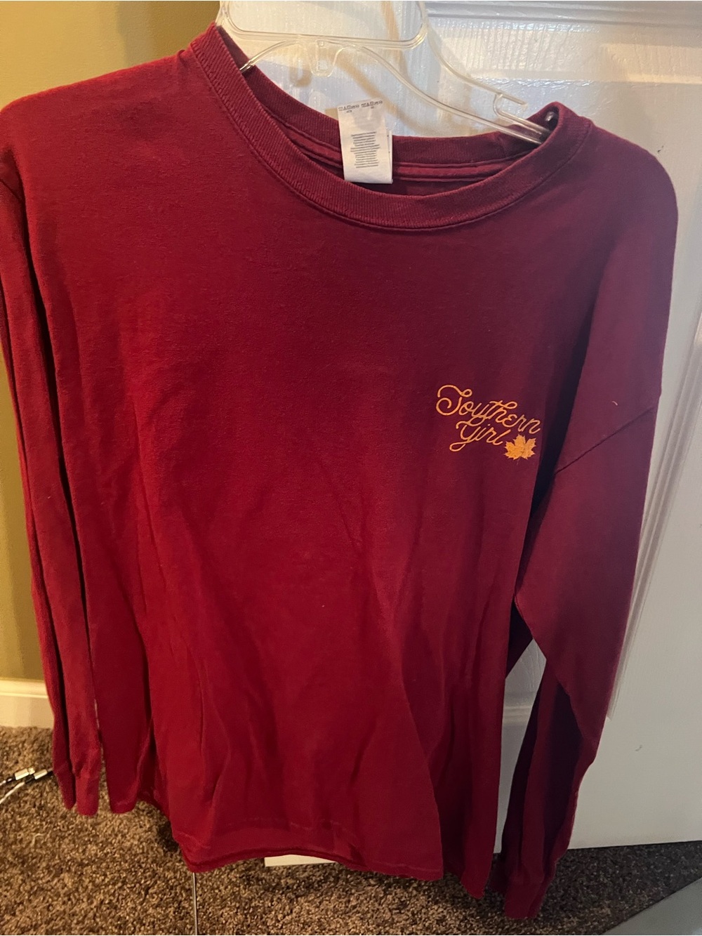 Gildan Kids Long-Sleeve Crewneck Shirt in Burgundy with Gold Logo